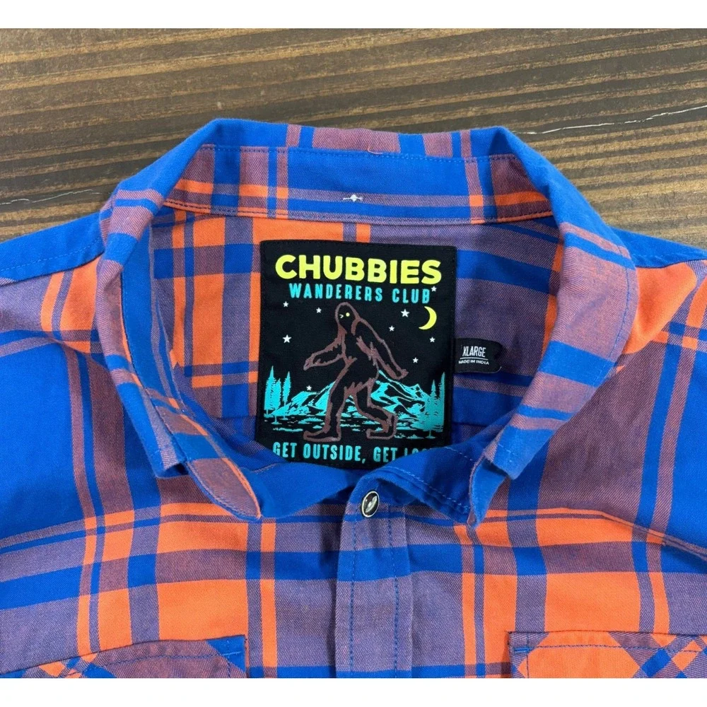 Chubbies Wanderers Club Mens XL Plaid Button Down Shirt Blue Orange Bigfoot - Picture 2 of 10